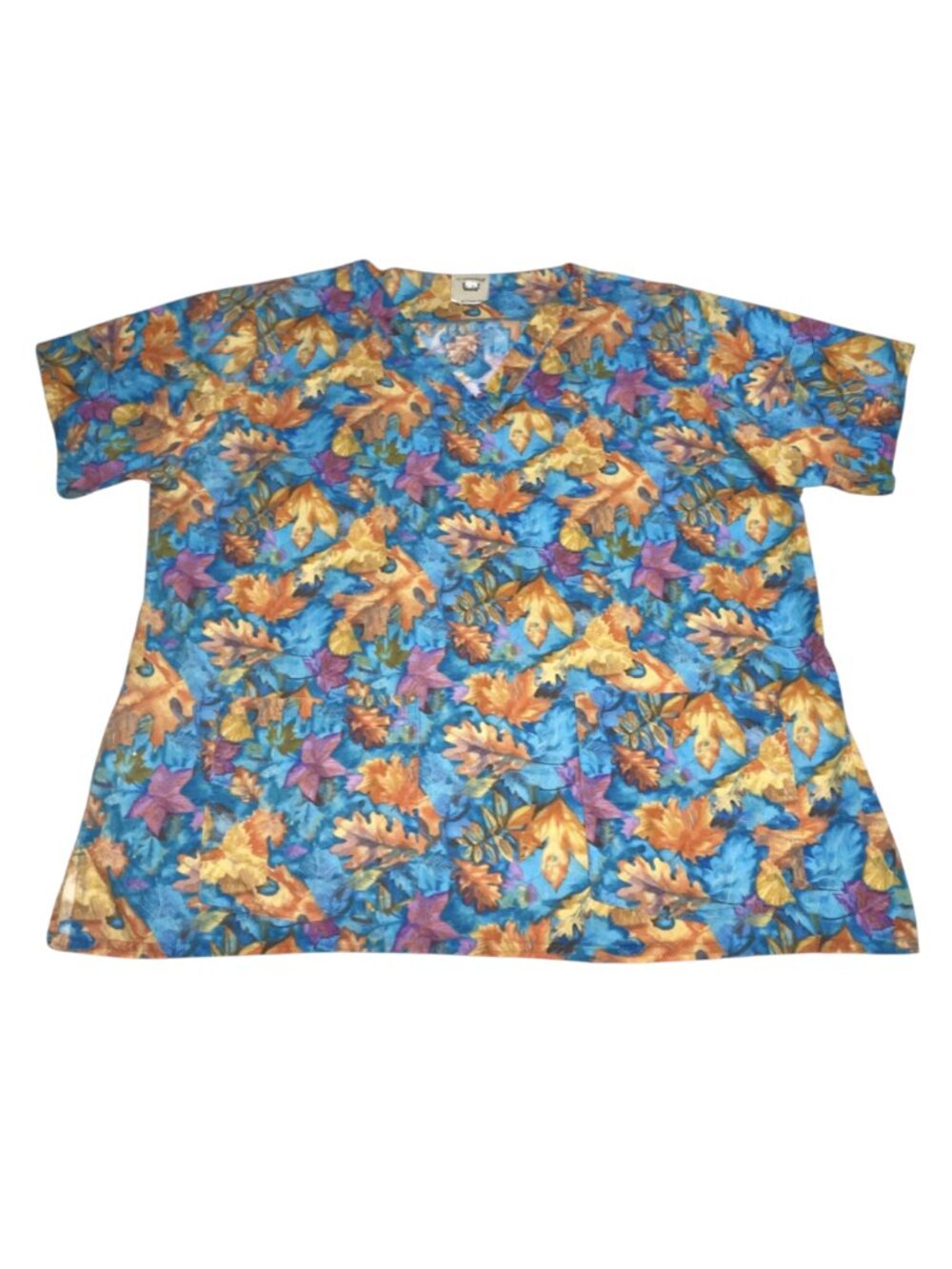 Womens Scrub Top Sz 1X Teal Blue Purple Fall Leaves Vibrant Print Cottonality